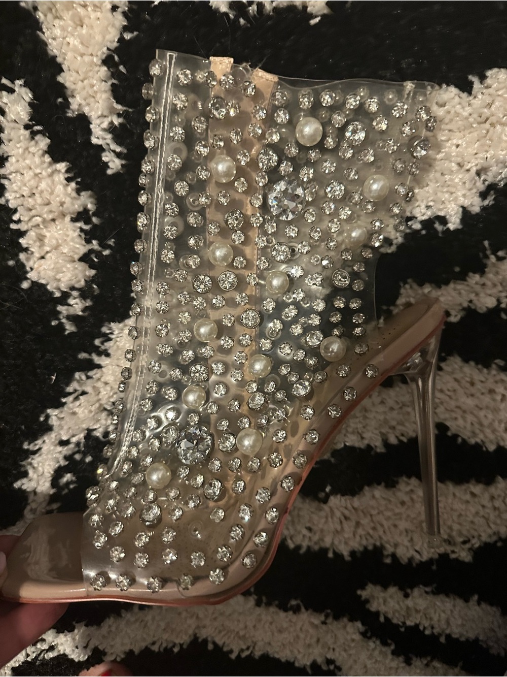 AKIRA Clear Crystal & Pearl Stiletto Bootie - Silver Accents